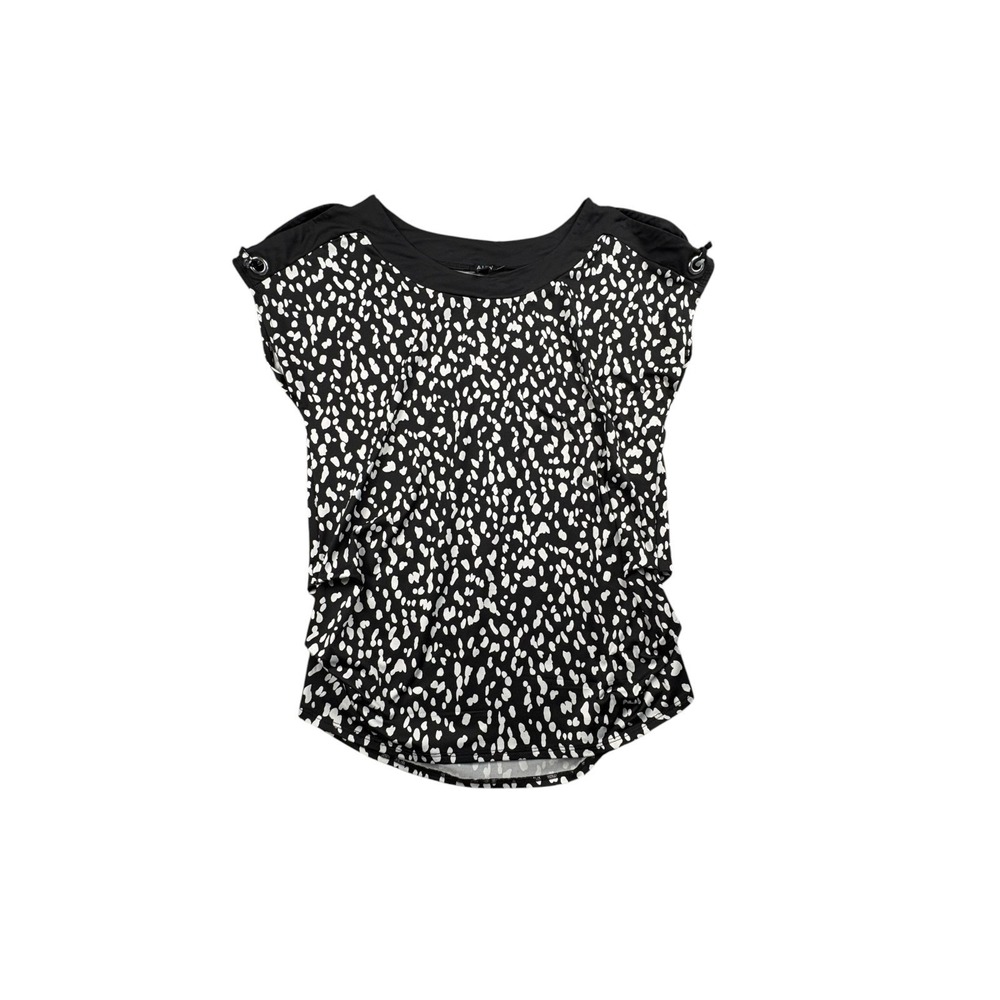 AUW Black White Animal Print Blouse Size‎ M Grommet Shoulder Stretch Top